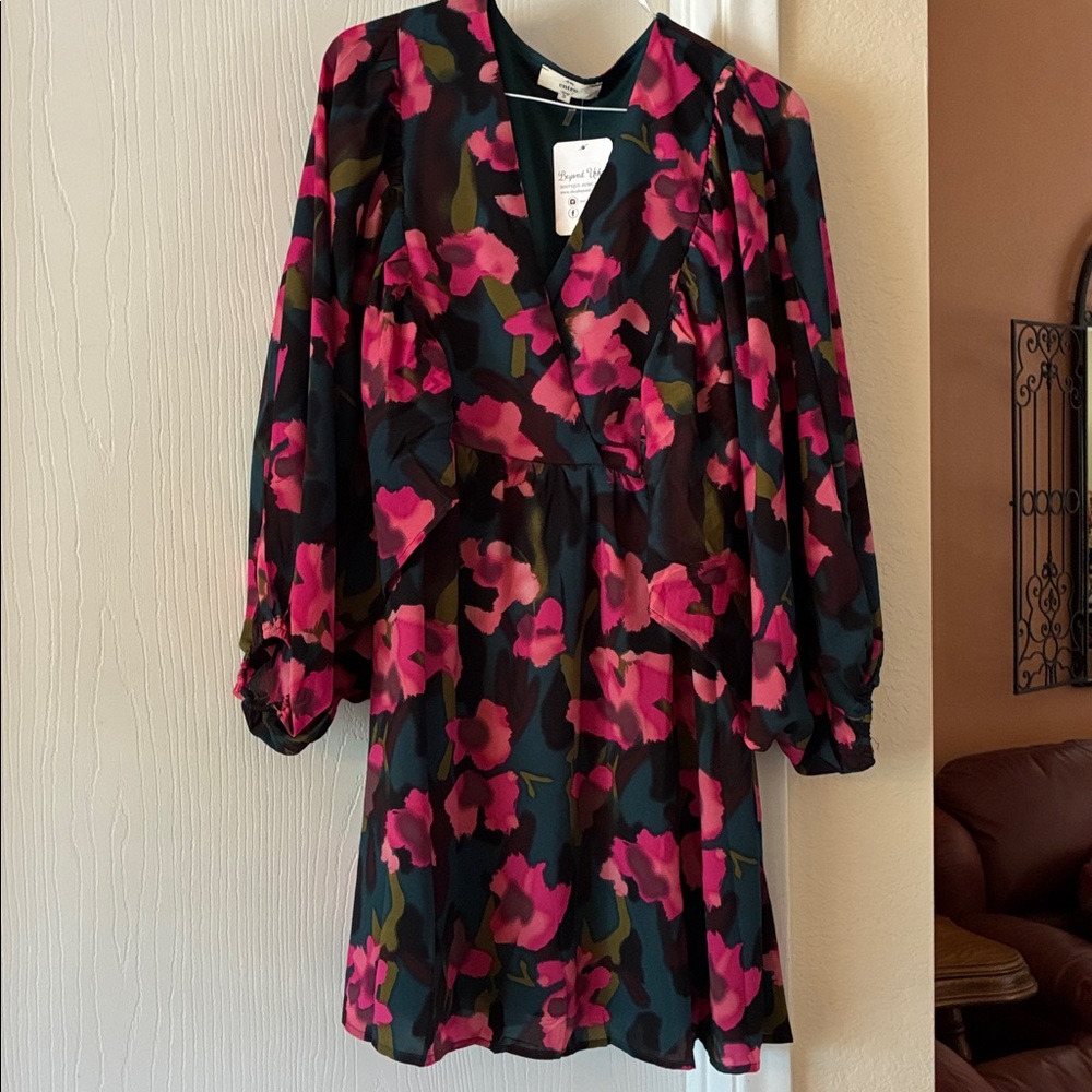 Entro Dark Green Mini Dress with Pink Accent, small NWT